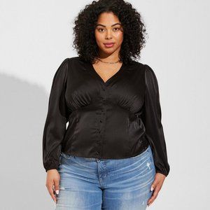 Torrid Black Satin Button-Front Top, Size 2x (18-20) NWT